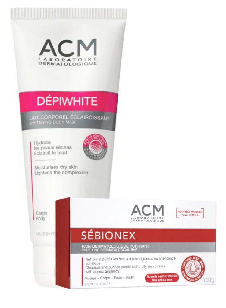 ACM Laboratoire dermatologique Dark Spots & Uneven Skin Tone Care Set – ACM Depiwhite Body Milk + Sébionex Purifying Soap for Brightening & Pigmentation Control - Image 1